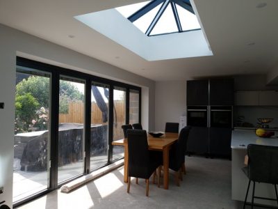 View of a skylight and new french windows.