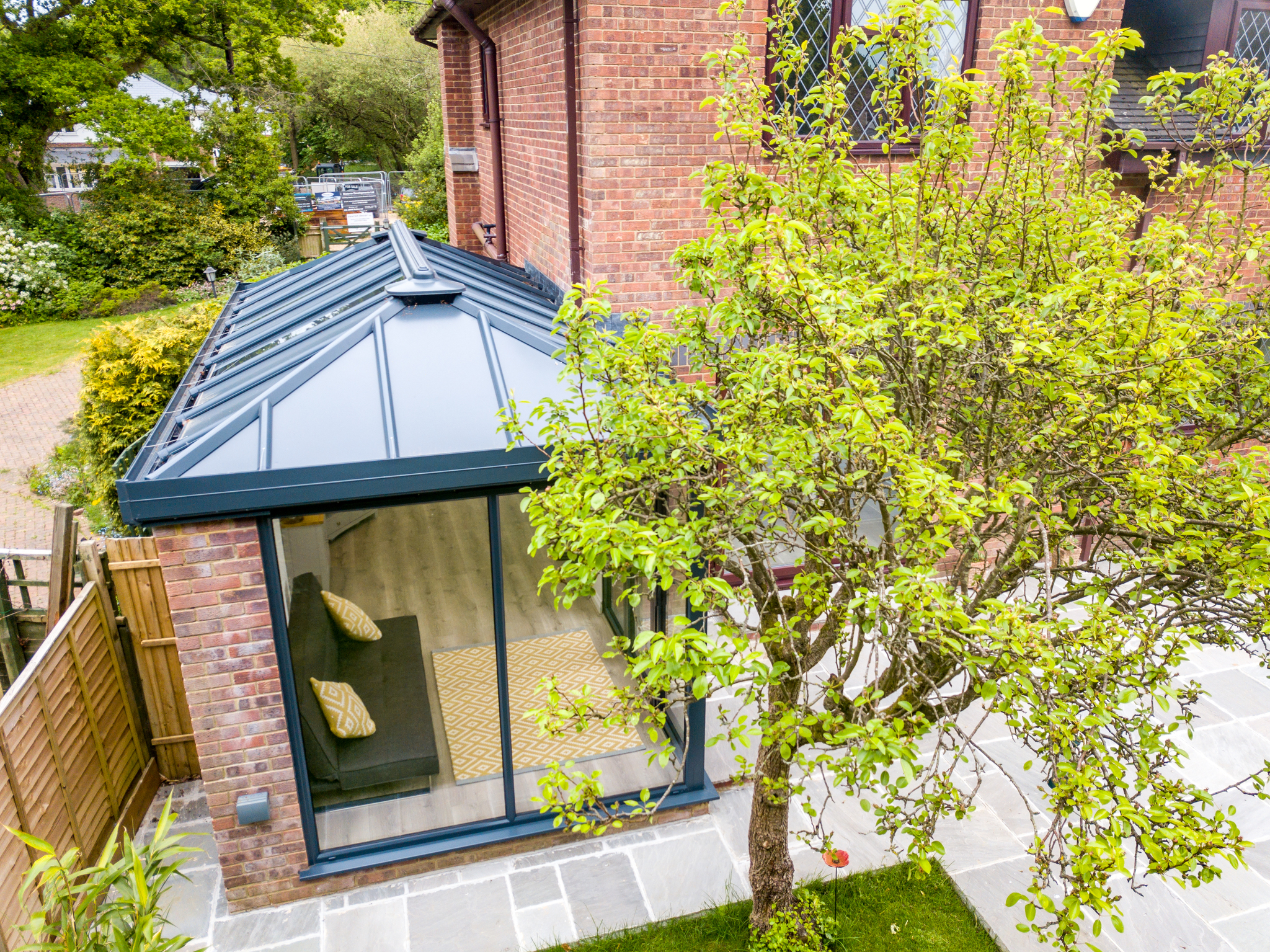 High angle image of a brand new Livin room conservatory design.